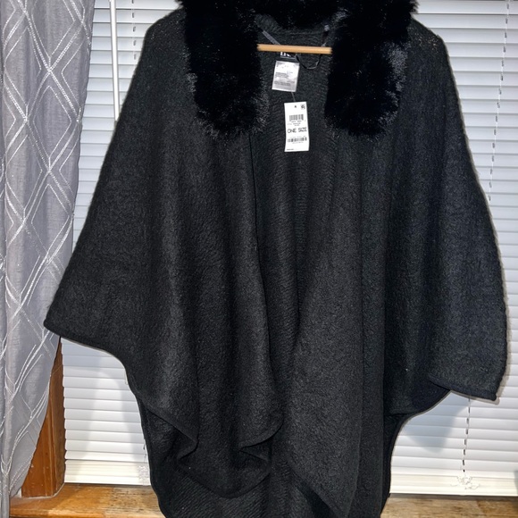 INC International Concepts Sweaters - INC International Concepts Black Faux Fur Collar Poncho